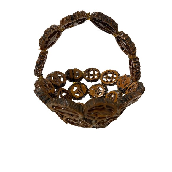 Sliced Black Walnut Basket w/Handle Folk Art Mini Small Hand Made Shell Nut - Picture 2 of 12